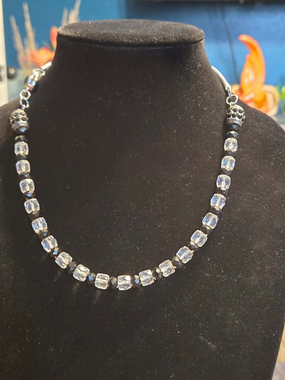 Silver-Tone Necklace with Faceted Square Crystal Beads